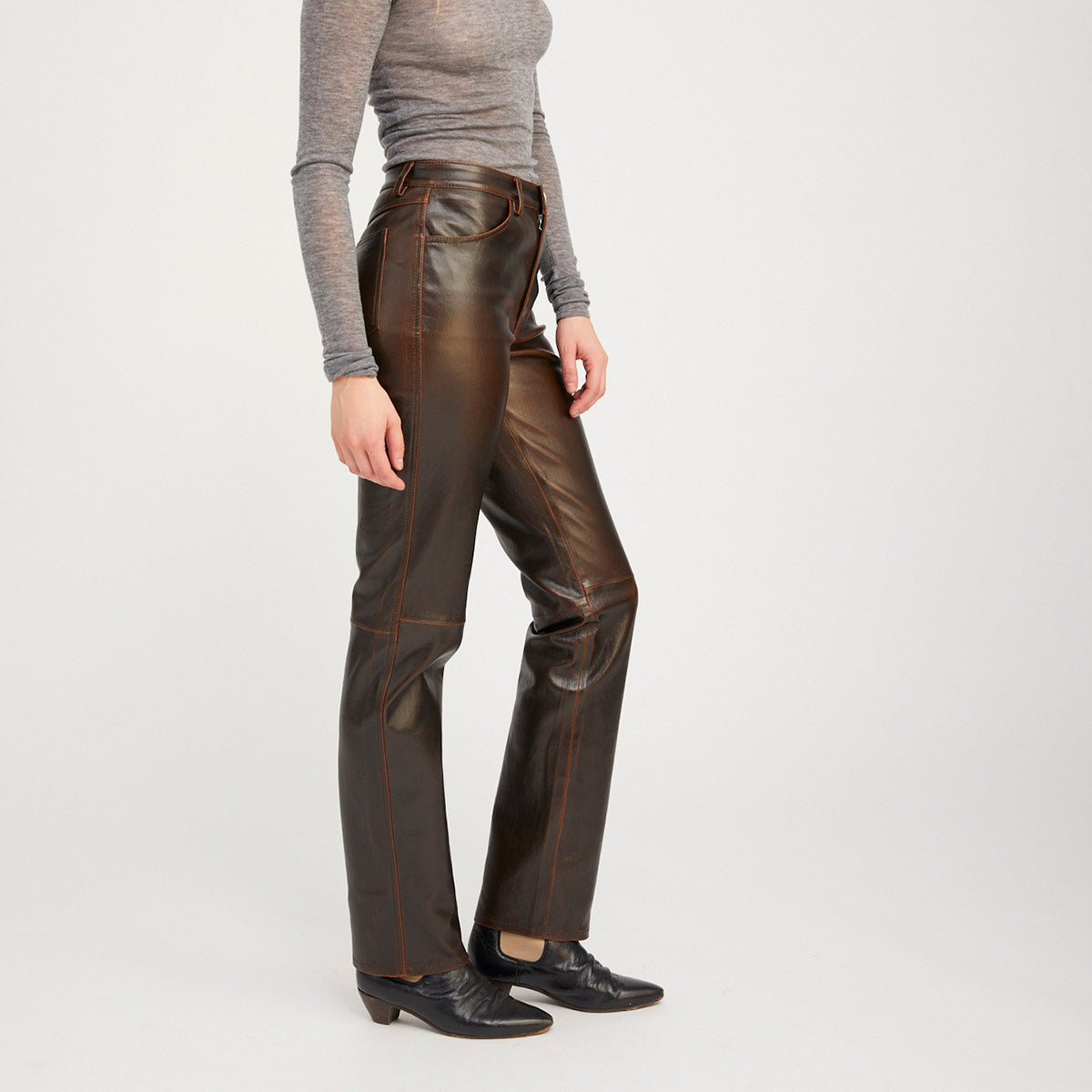 Slim Straight Leather Pant in Burnt Umber