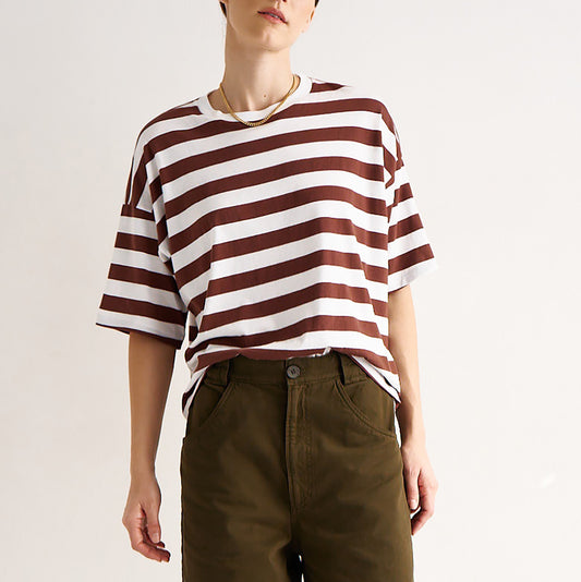 The Draped Tee in Brown Rugby Stripe