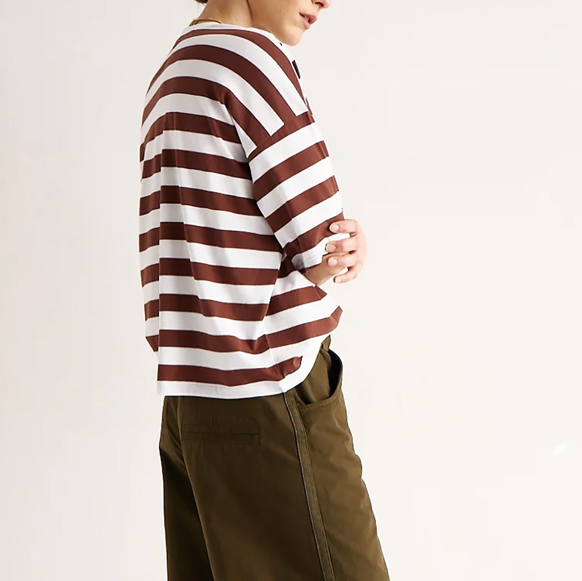 The Draped Tee in Brown Rugby Stripe