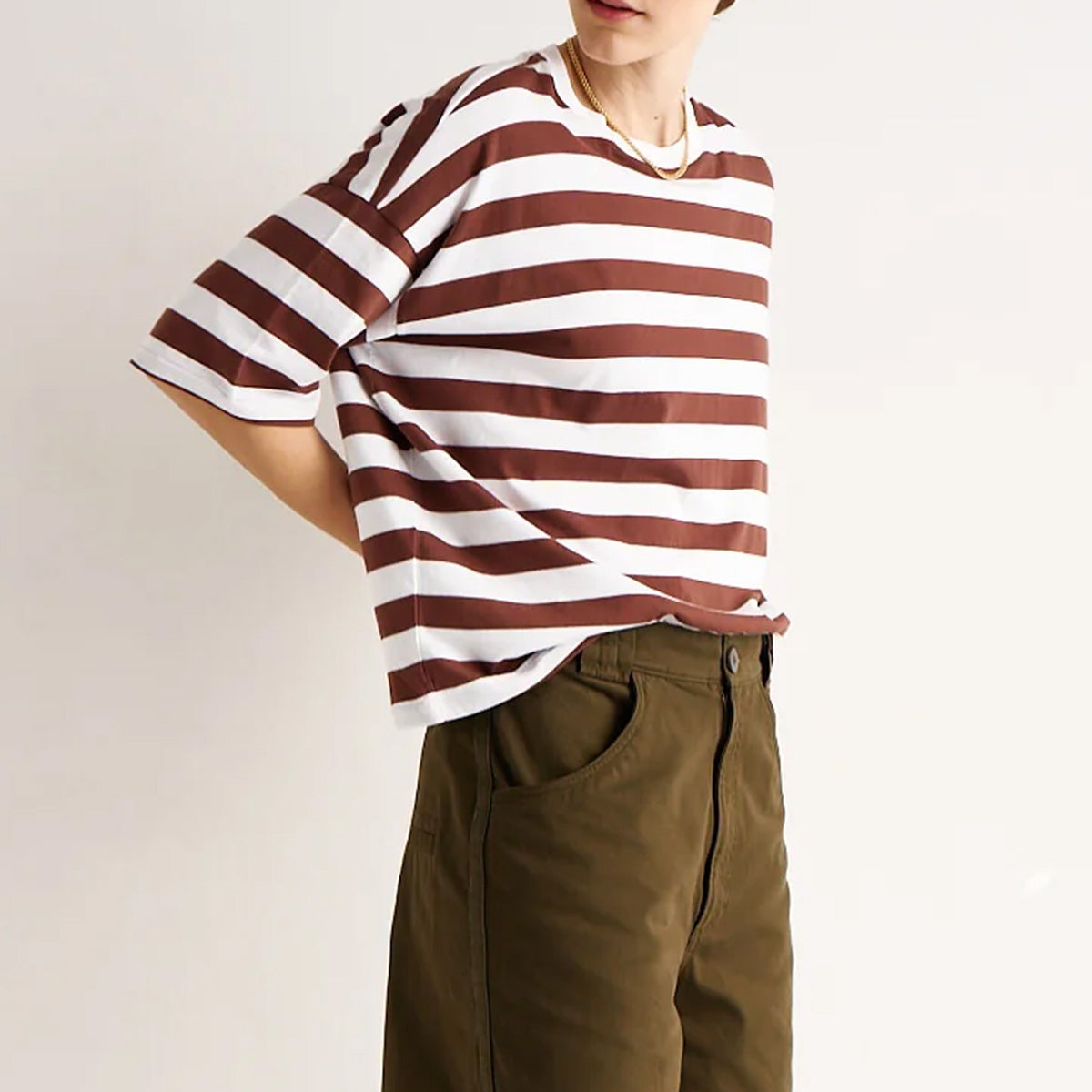 The Draped Tee in Brown Rugby Stripe