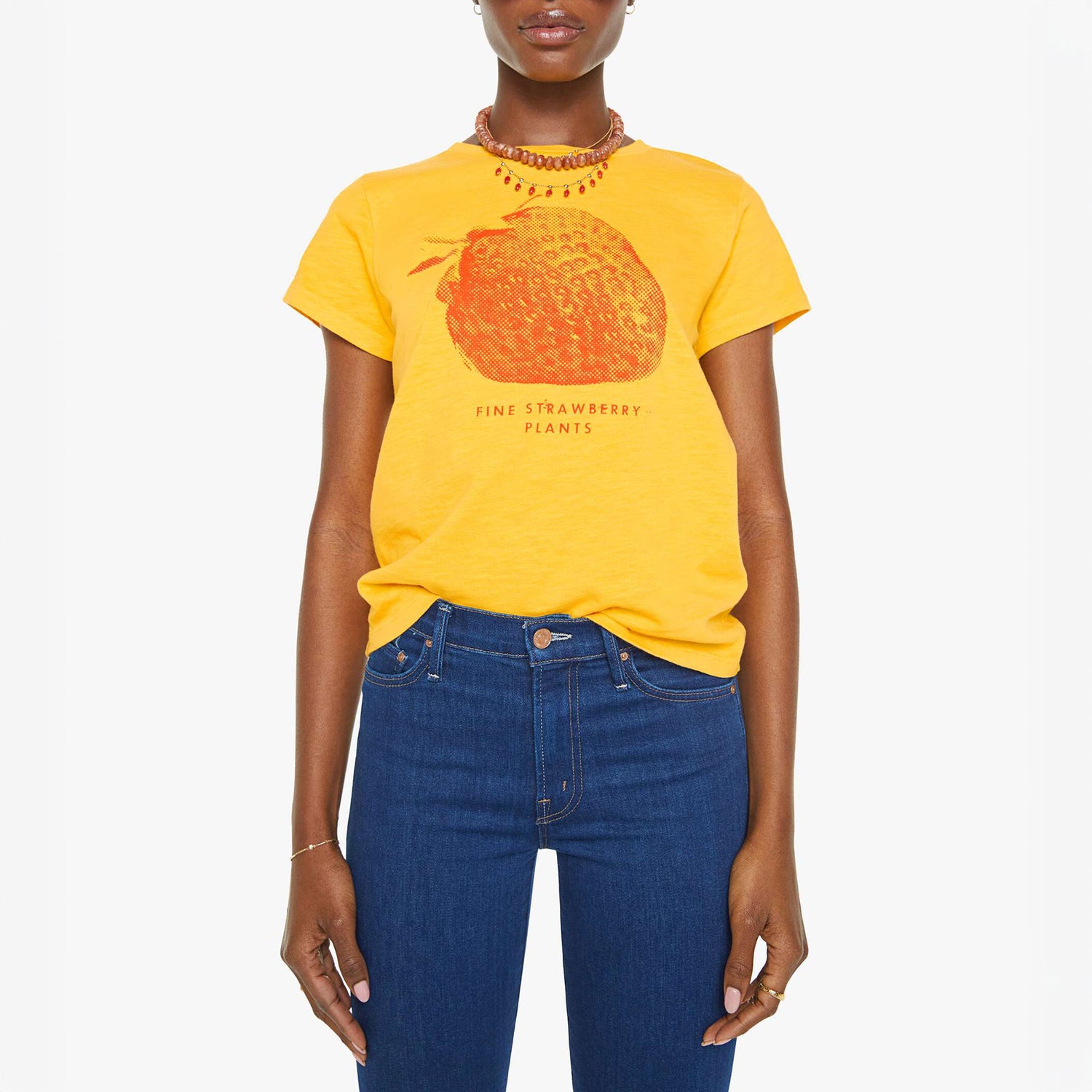 Slim fit yellow tee featuring red Pop Art strawberry graphic, ideal for stylish casual looks.