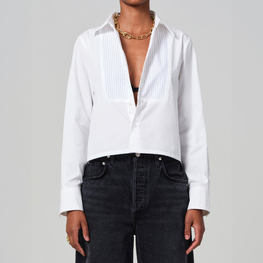 Fino Cropped Tuxedo Shirt in White