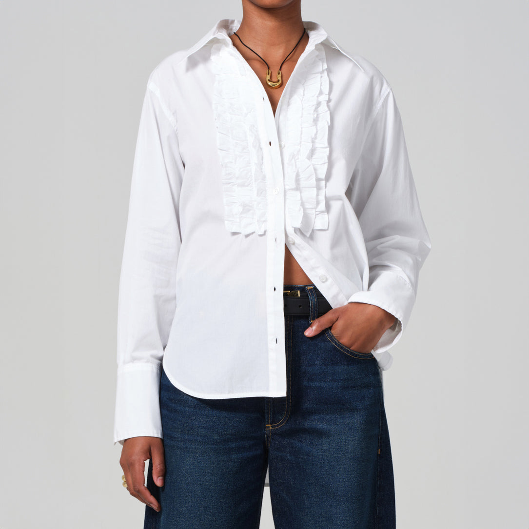 Ruffle Tuxedo Blouse in White