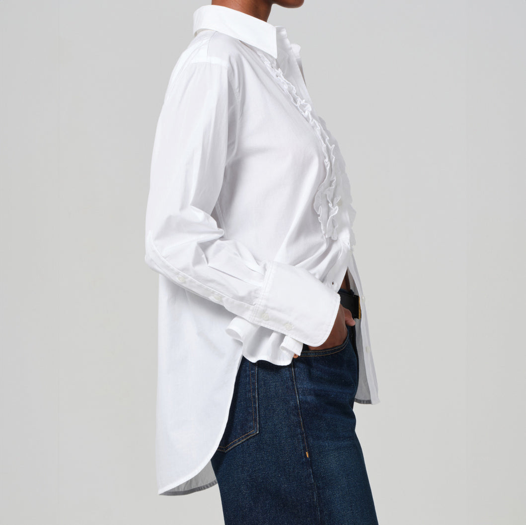 Ruffle Tuxedo Blouse in White