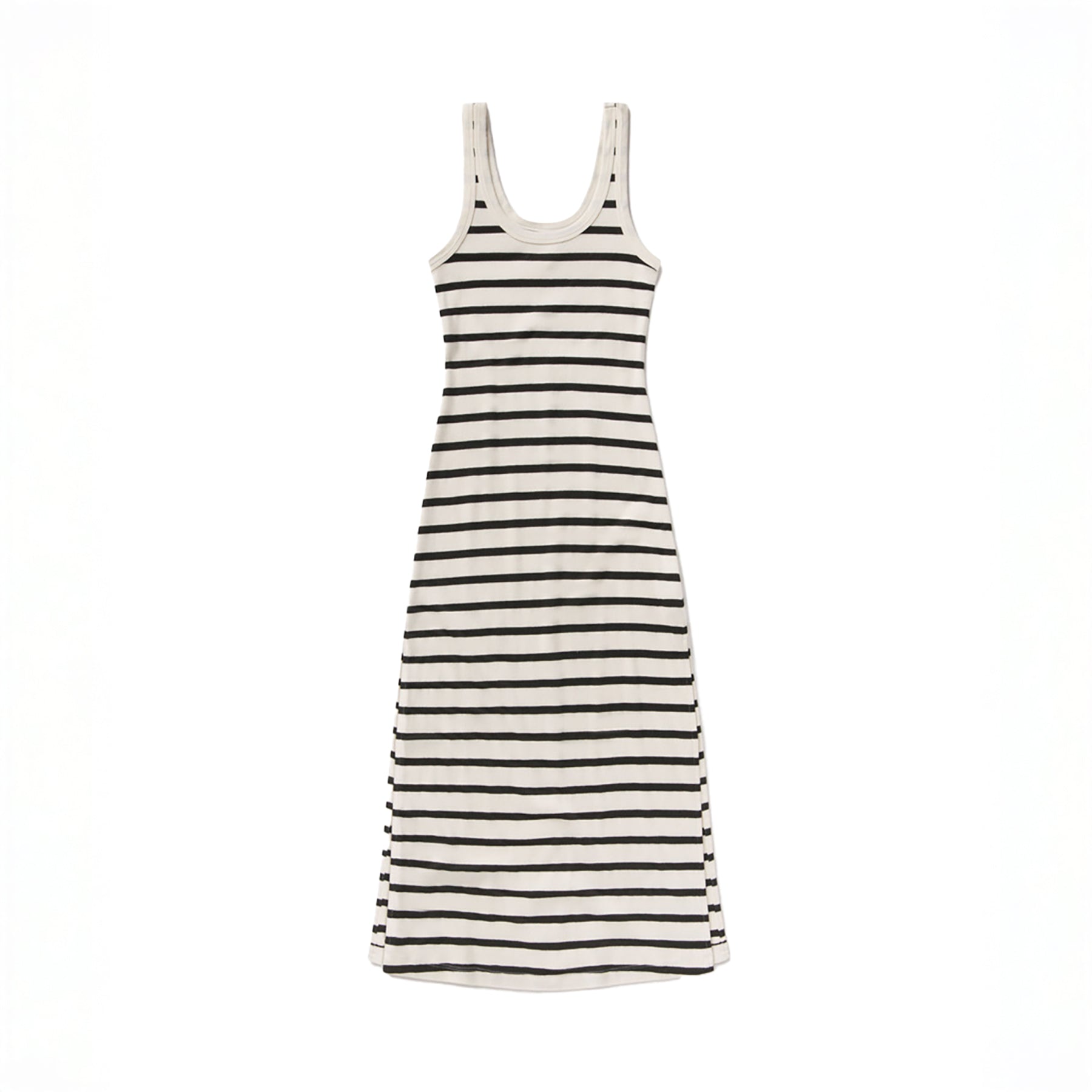 Faye Tank Dress in Midnight Stripe, cream and navy ribbed midi dress, scoop neck, lightweight cotton blend, made in the USA.