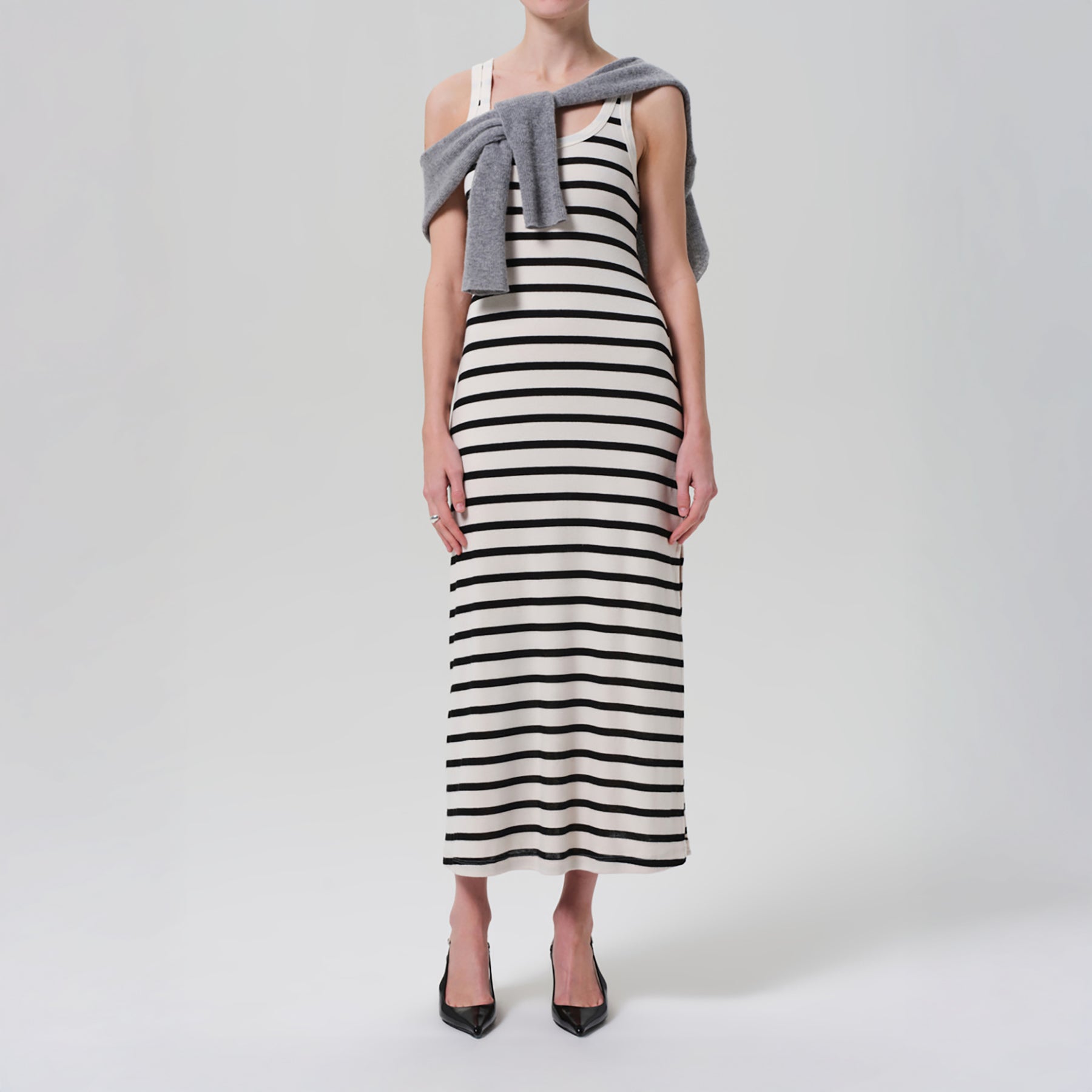 Faye Tank Dress in Midnight Stripe, cream and navy striped scoop neck midi dress, lightweight cotton fabric.
