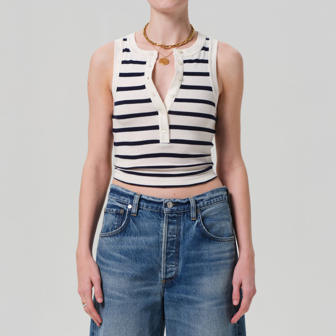 Caralyn Tank in Azure Stripe, a lightweight ribbed cotton top with button front, casual chic style.