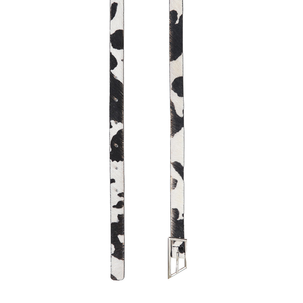 Slim Animal Print Leather Belt with black and white pattern, side view, featuring shiny metal buckle, 100% leather.