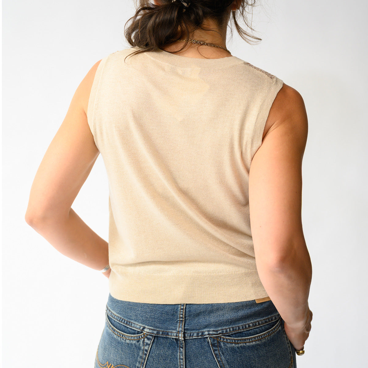 Back view of Sequin Party Tank in Sandstone, showcasing the sleeveless design and knit fabric.