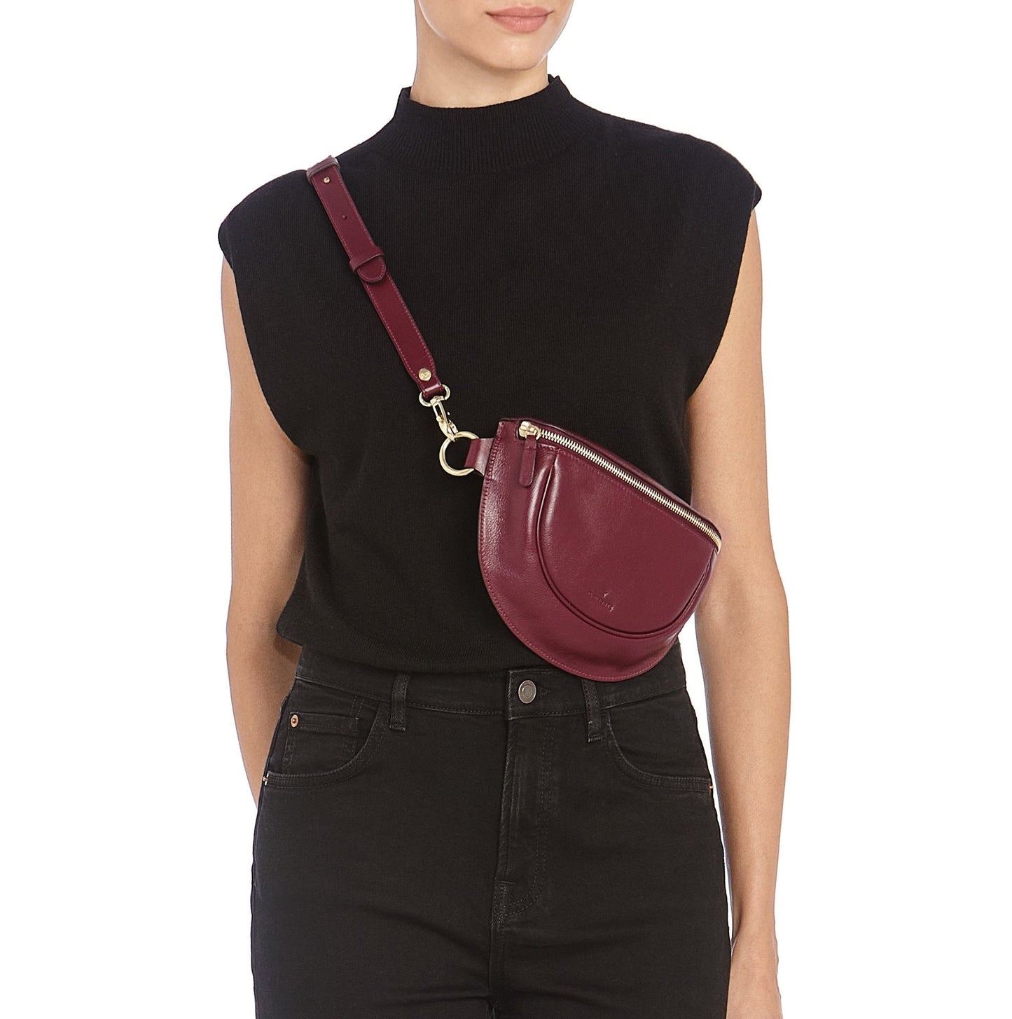 Oliveta Leather Belt Bag in Black Cherry