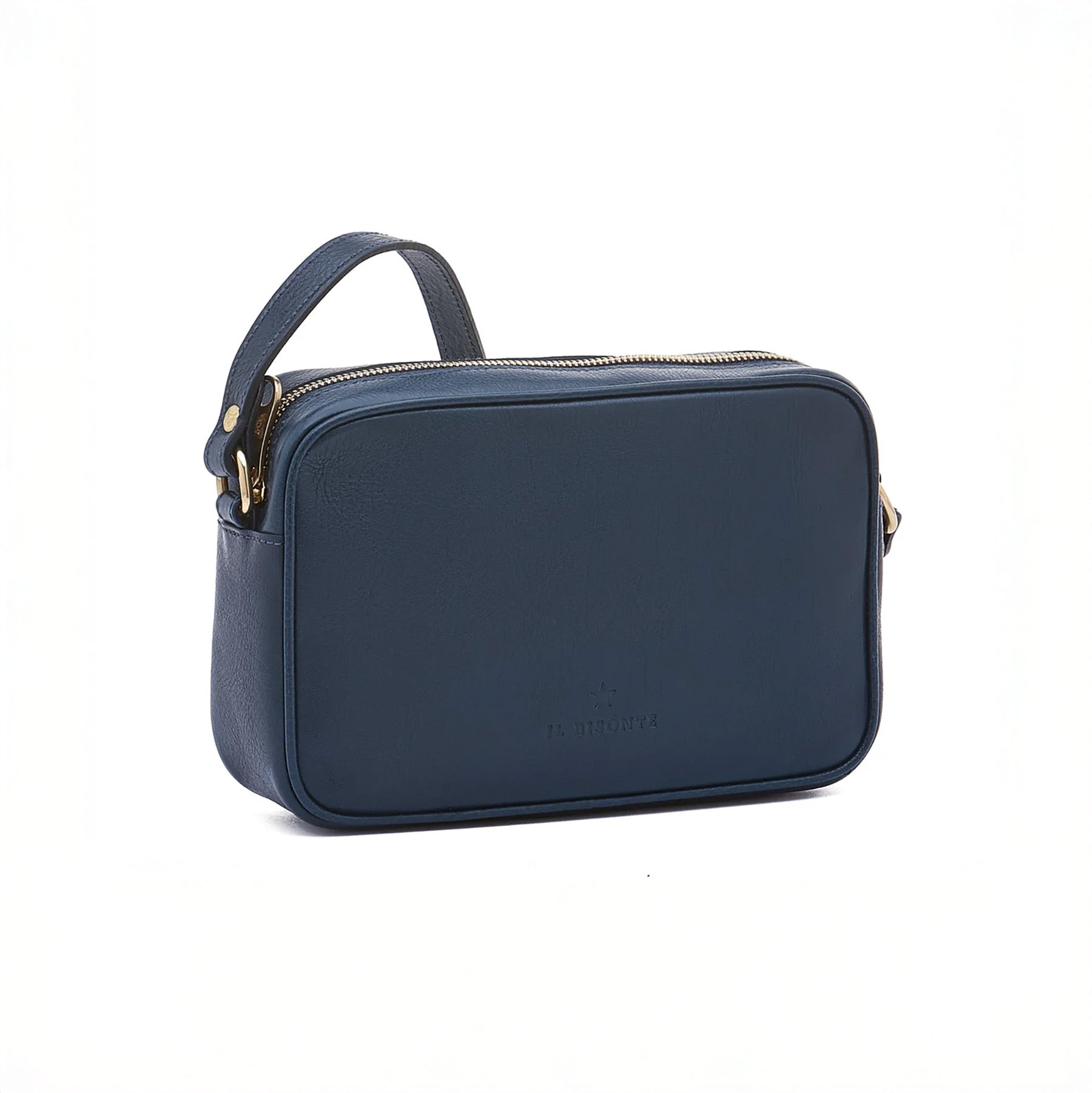 Oliveta Crossbody Bag in Blue, handcrafted vegetable tanned leather, compact design with adjustable strap and zip closure.