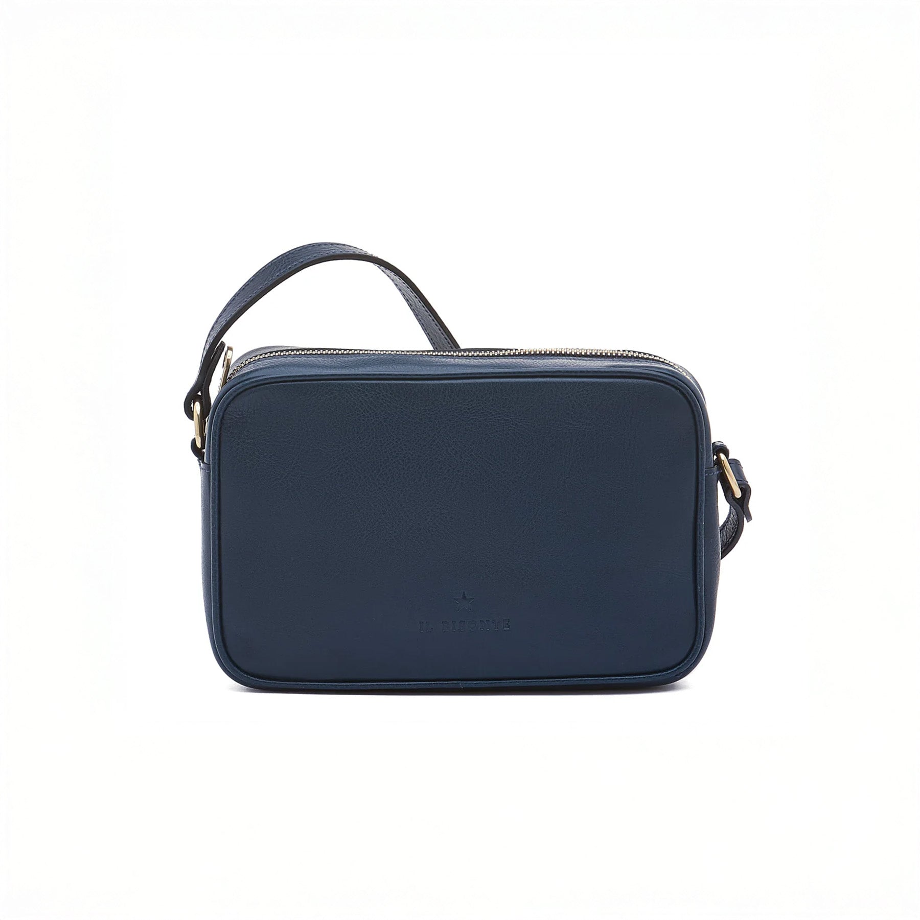 Oliveta Crossbody Bag in Blue, handcrafted, vegetable tanned leather, zip closure, adjustable strap, compact design.