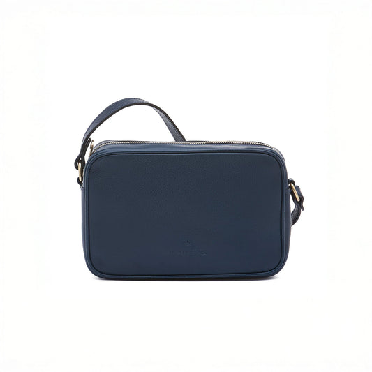 Oliveta Crossbody Bag in Blue, handcrafted, vegetable tanned leather, zip closure, adjustable strap, compact design.