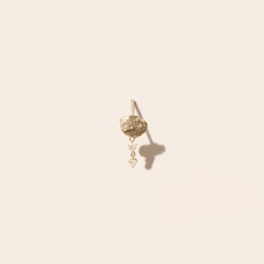 Marla No. 1 Earrings in 9K Yellow Gold with hammered design and suspended diamonds in elegant display.