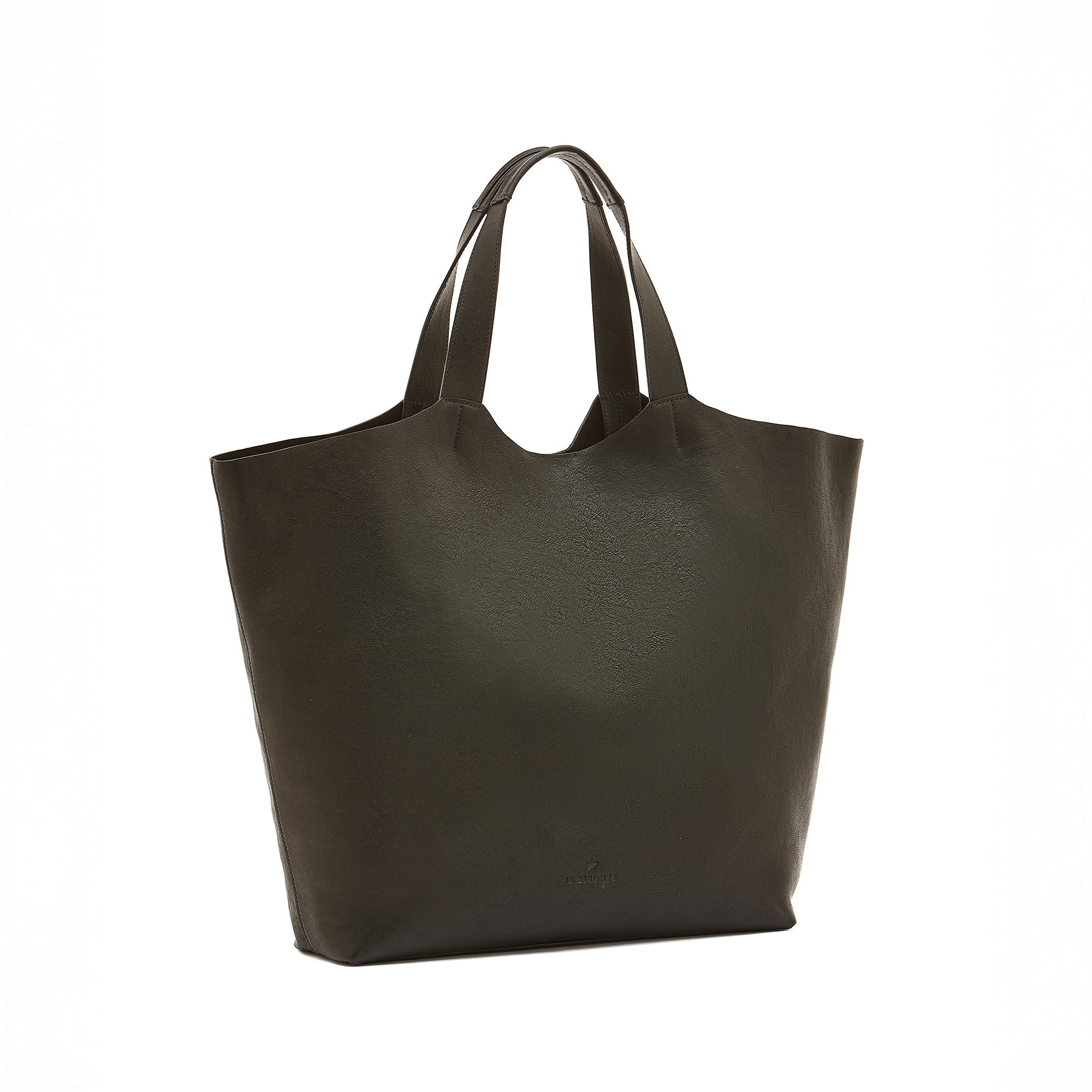 Le Laudi tote bag in black leather with flat bottom, two straps, and suede lined interior, handcrafted in Italy.