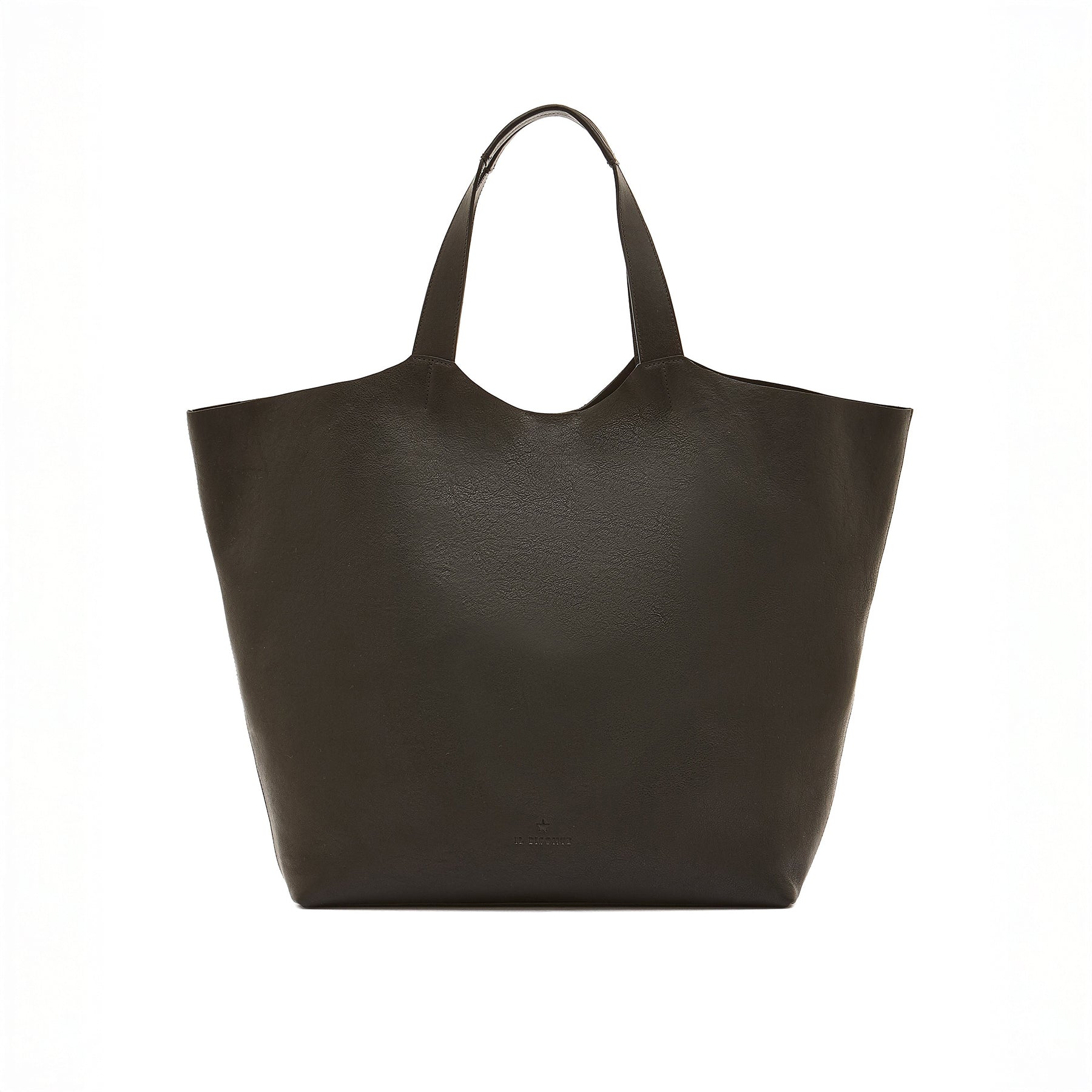 Le Laudi black leather tote bag, handcrafted in Italy, featuring two straps and a sleek design.