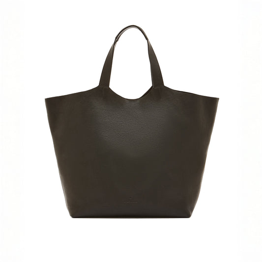 Le Laudi black leather tote bag, handcrafted in Italy, featuring two straps and a sleek design.