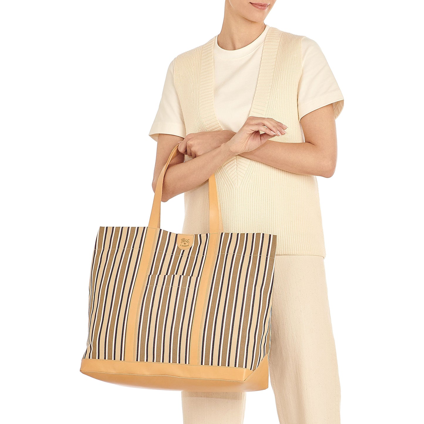 Caramella Medium Tote in Beige Stripe