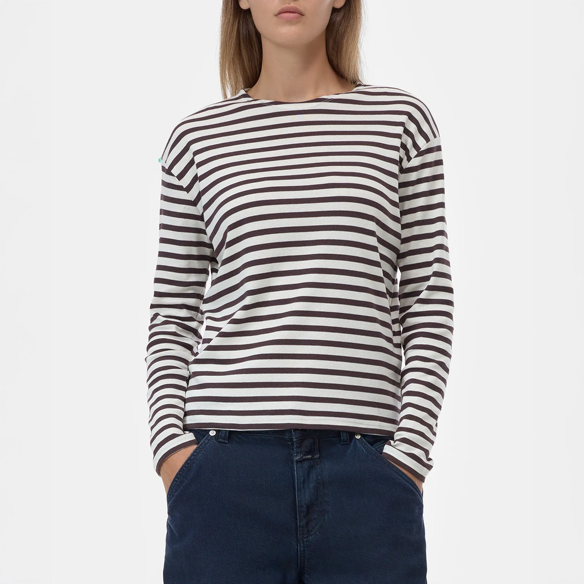 Front view of woman wearing a striped Basic Longsleeve in Cinder Brown, featuring a crew neckline and casual fit.