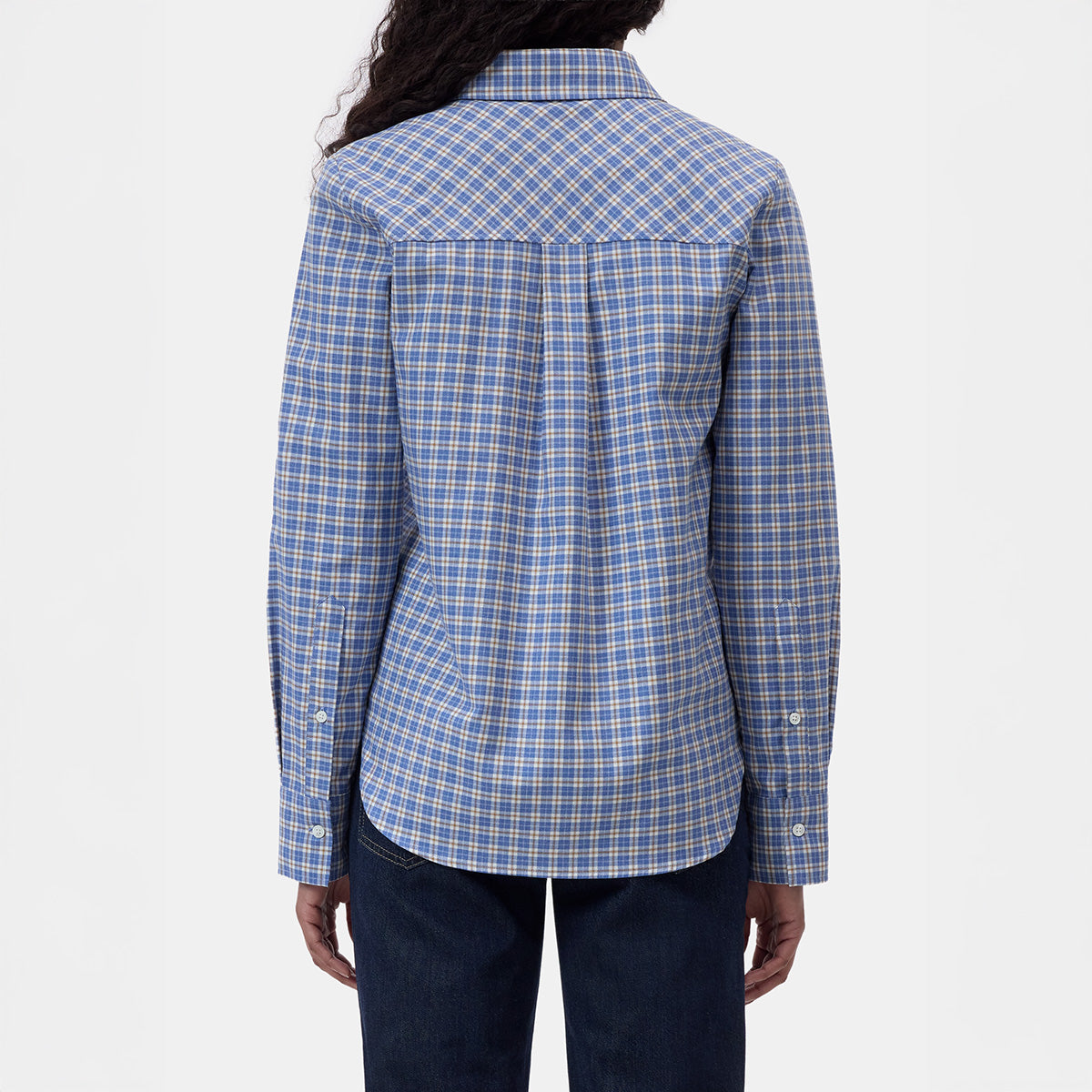 Back view of Basic Shirt in Storm Blue with classic collar and plaid pattern, showcasing long sleeves and a tailored fit.