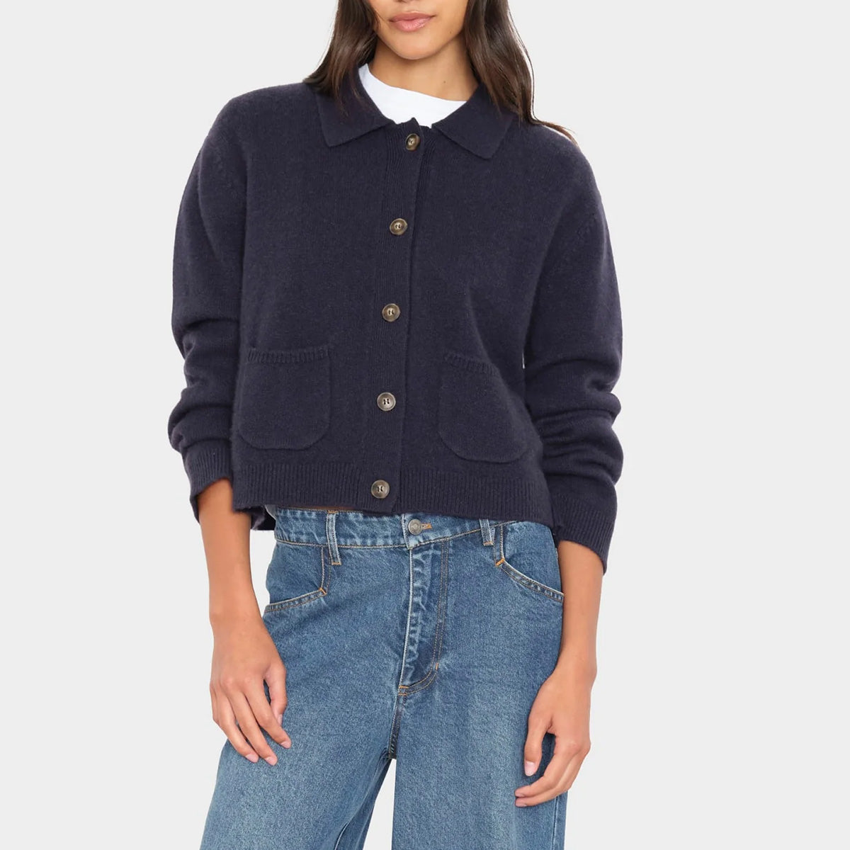 Bevyn Cardigan in Midnight Blue, slightly cropped sweater with point collar and button closure.