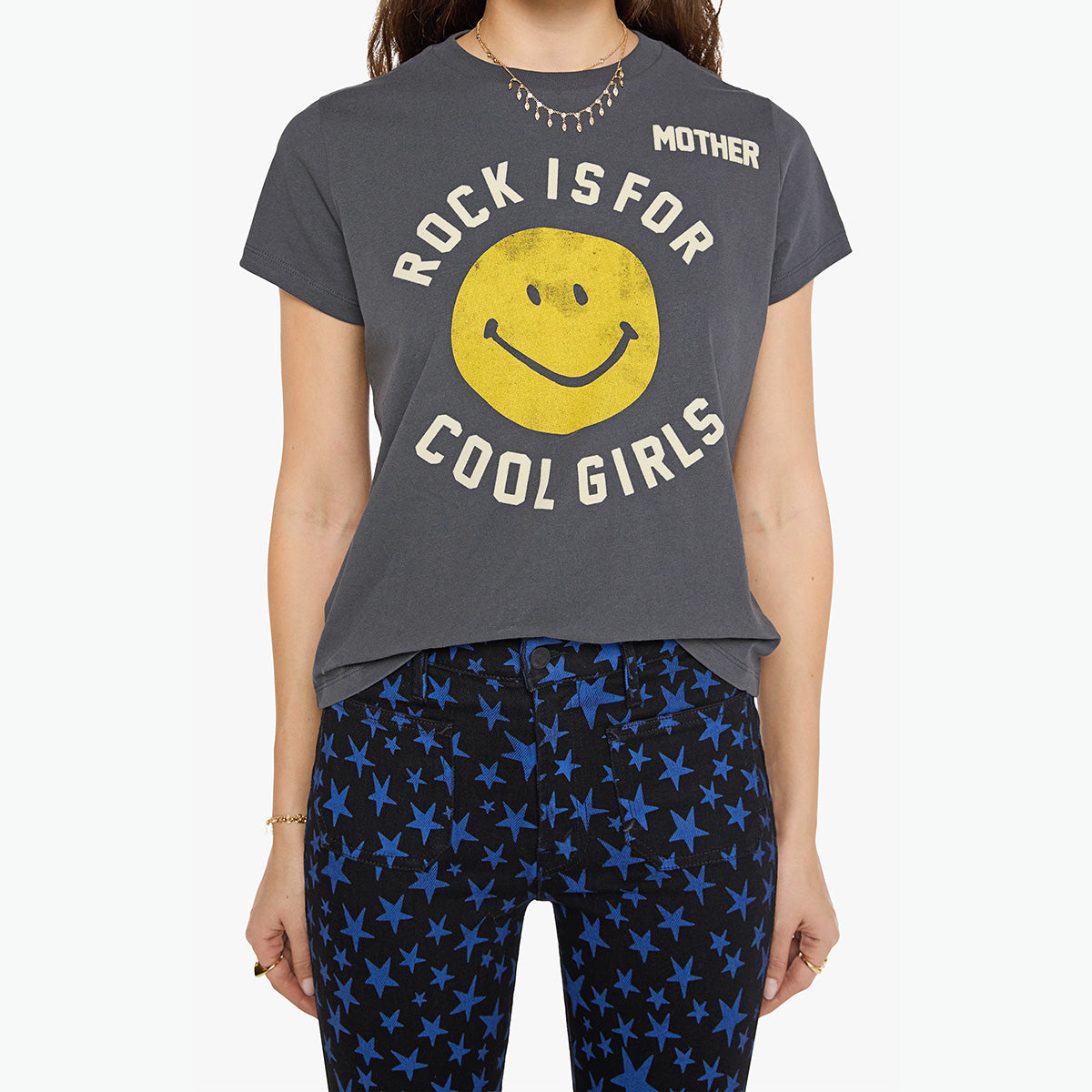 Boxy Goodie Goodie in Rock Is For Cool Girls crewneck tee with smiley graphic and extra-short sleeves.