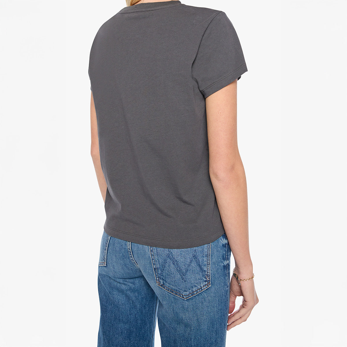 Boxy Goodie Goodie in Wild Won back view of gray crewneck tee with short sleeves, paired with blue jeans.
