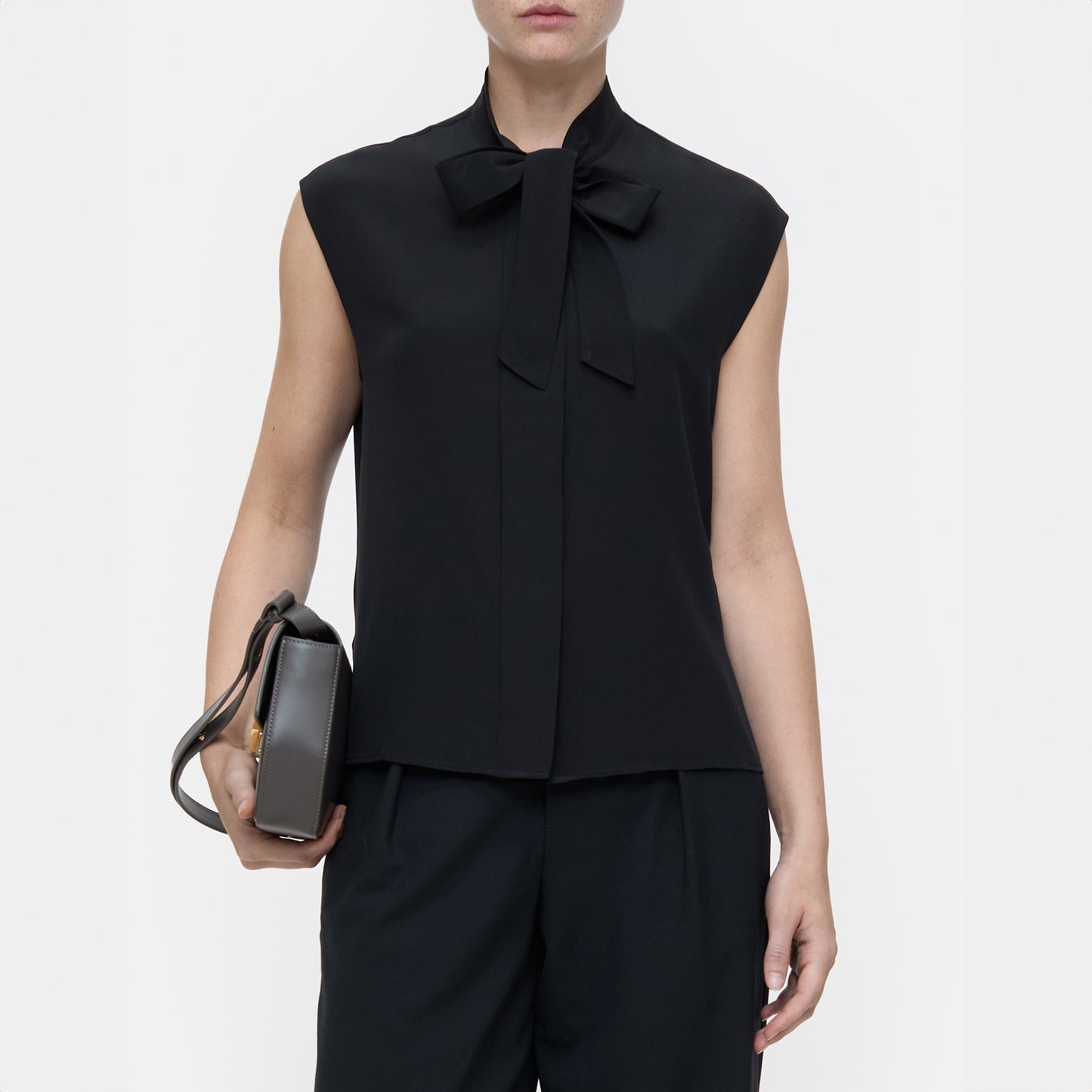 Sleeveless Tie Blouse in Black Silk