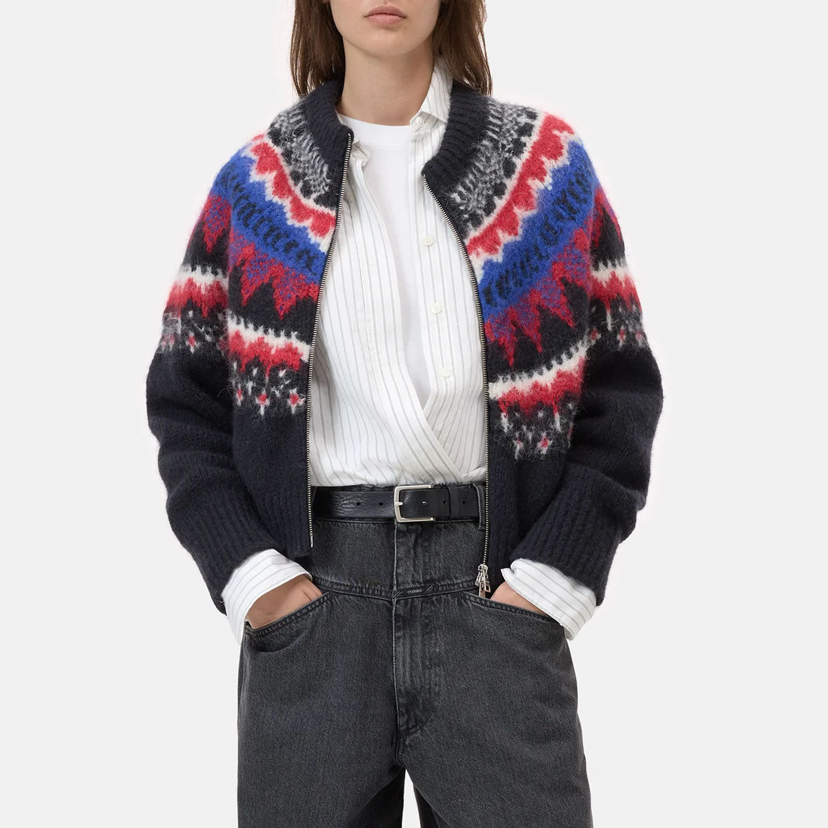 Cropped Knit Zip Up in Cosmic Grey