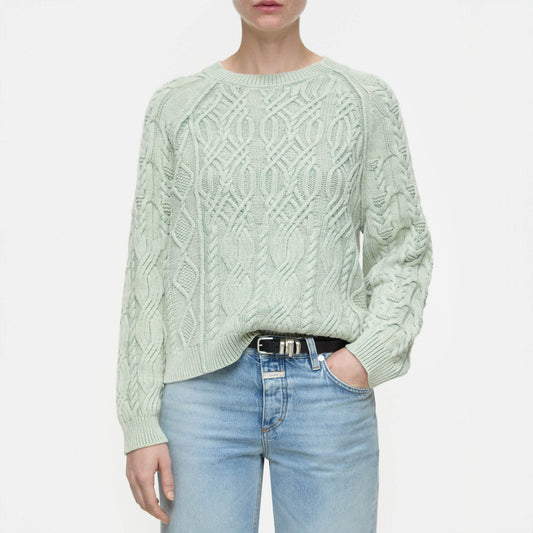 Jacquard Cable Knit Crew in Pastel Olive