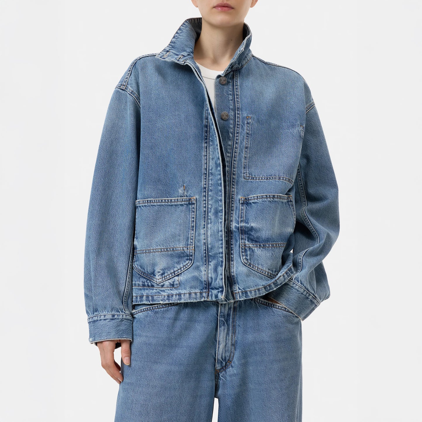Denim Shacket in Mid Blue