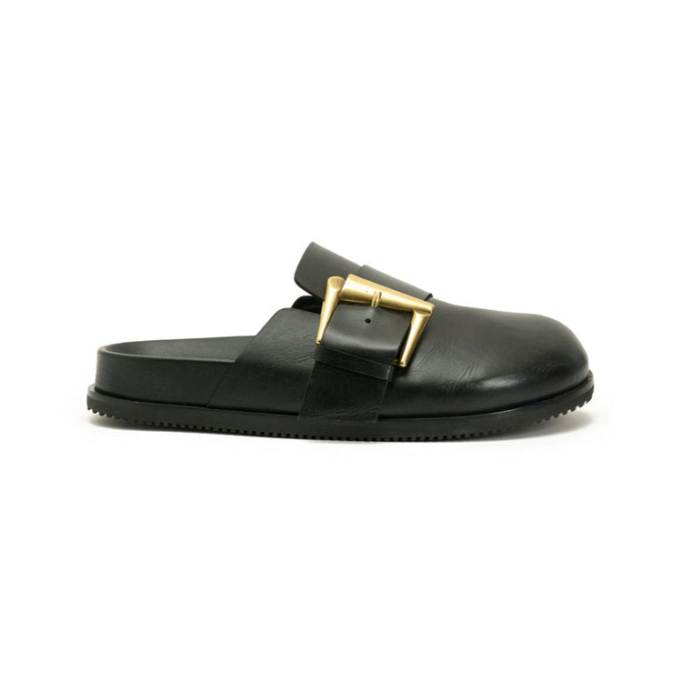 Footbed Clog in Black Leather