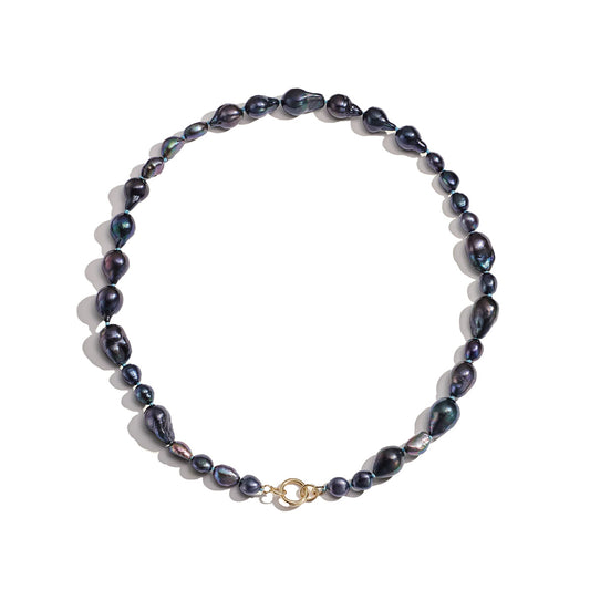 Chaos Pearl Necklace - Dyed black freshwater pearls with 14k gold clasp, length 19.7 inches.