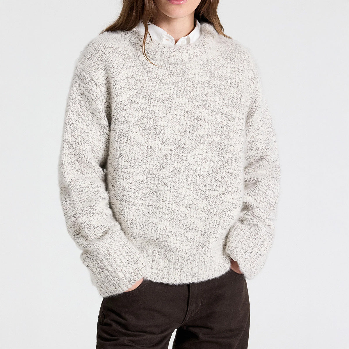 Chunky Crewneck in Turkish Coffee sweater with wide sleeves, cozy knit design, perfect for casual wear.