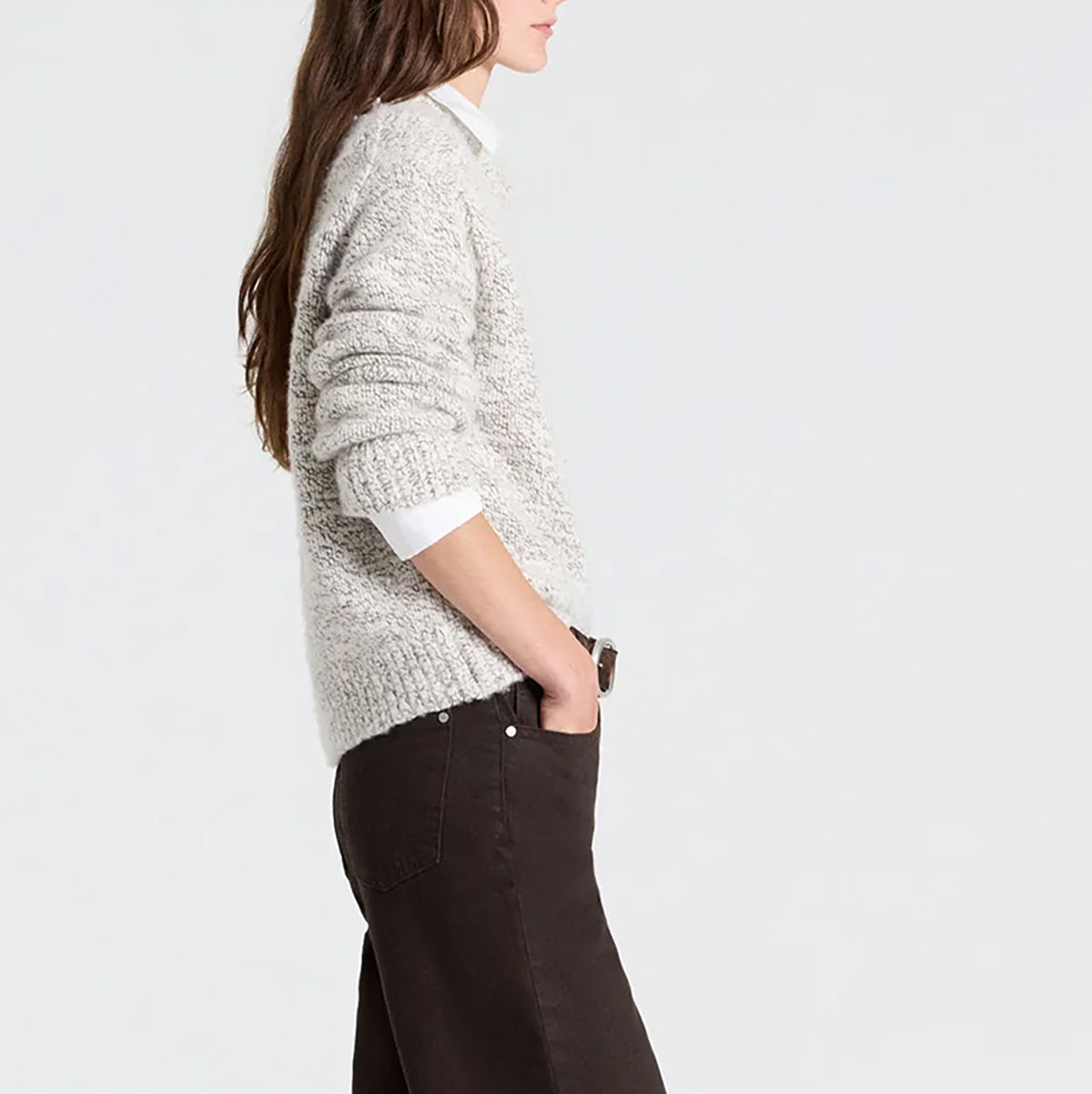 Chunky Crewneck in Turkish Coffee side view of model wearing stylish chunky sweater with wide sleeves.