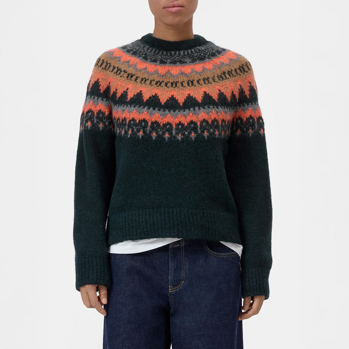 Crewneck Sweater in Shadow Green, front view, featuring colorful patterned yoke and cozy wool-alpaca blend.