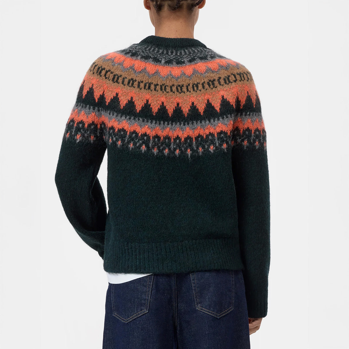 Back view of Crewneck Sweater in Shadow Green with multicolor yoke pattern, showcasing raglan sleeves and ribbed hem.