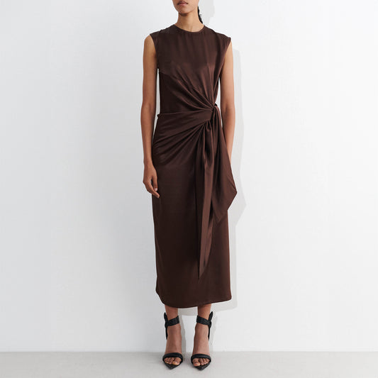 Daitra Knotted Silk Dress in Chocolate