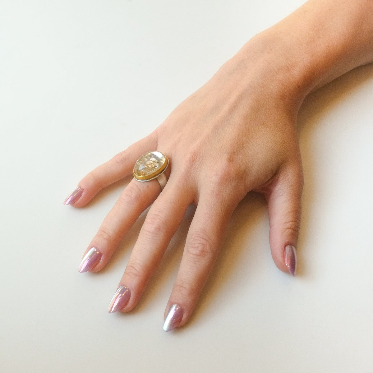 Rutilated Quartz Ring with Diamonds in 22K Yellow Gold