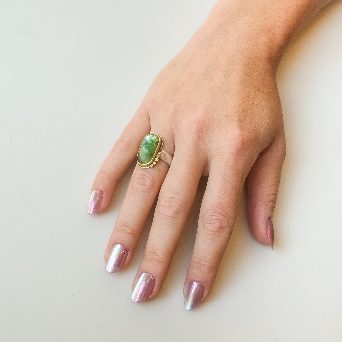 Rosecut Green Tourmaline Ring with Diamonds in 22K Yellow Gold