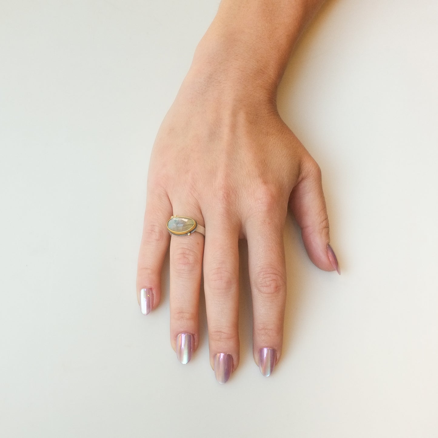 Rosecut Labradorite Ring with Diamonds in 22K Yellow Gold