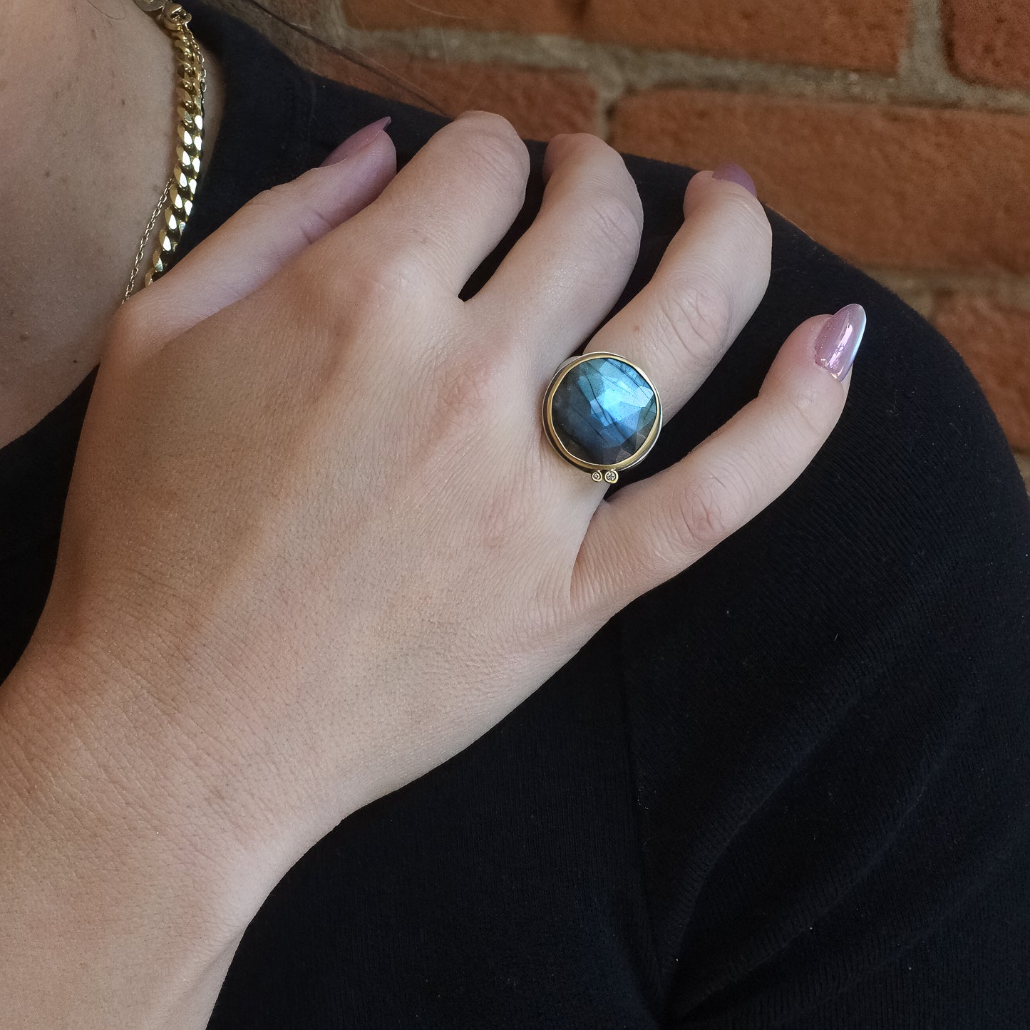 Round Rosecut Labradorite Ring with Diamonds in 22K Yellow Gold