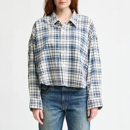 Cropped Button Up Ecru/Blue Plaid