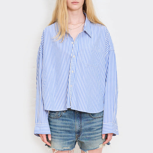 Cropped Button Up in Blue Stripe