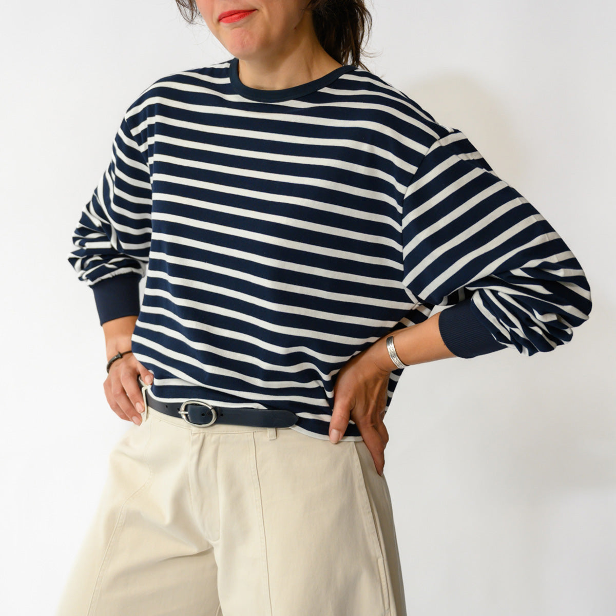 Boxy Cropped Tee in Navy and White Stripe