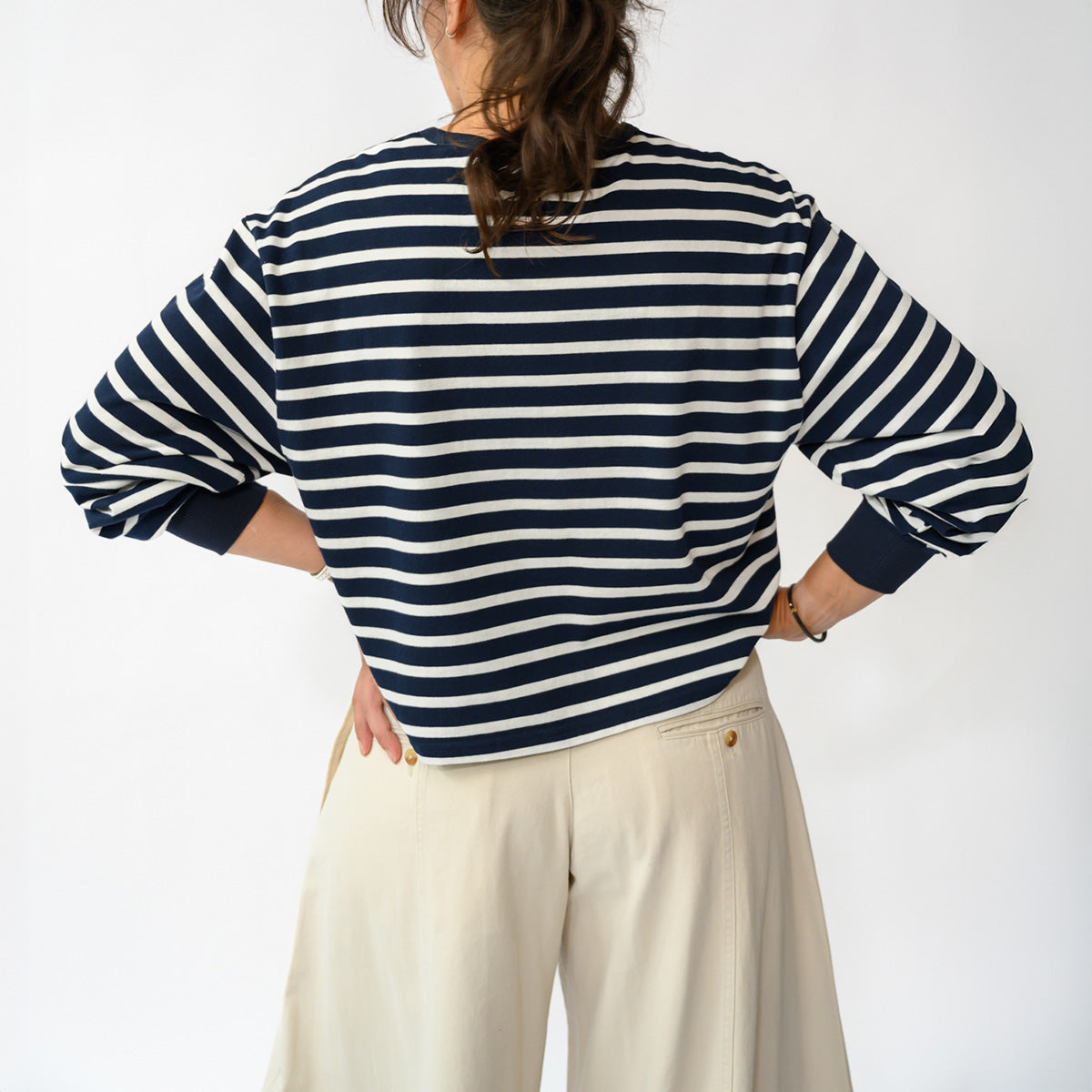 Boxy Cropped Tee in Navy and White Stripe