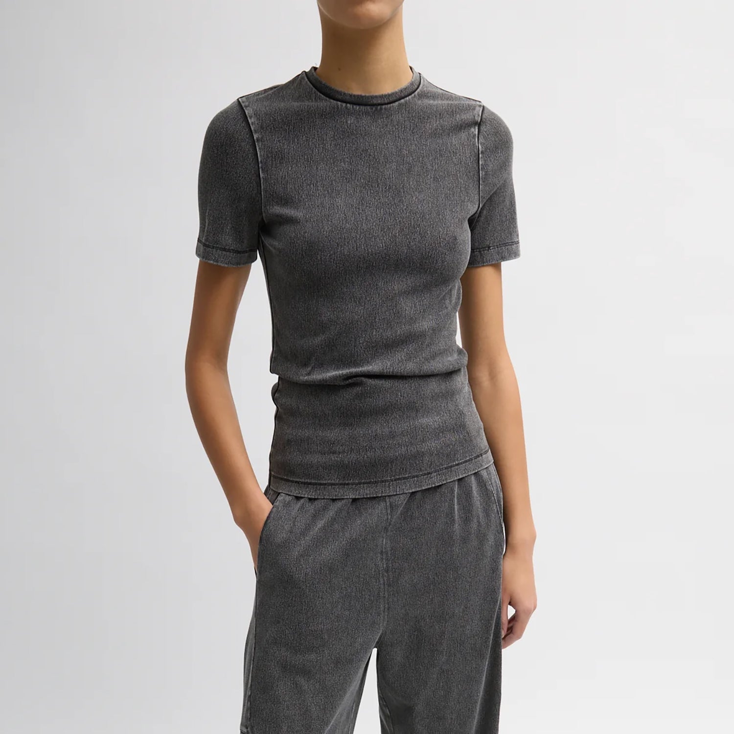 Stretch Denim Baby Tee in Black