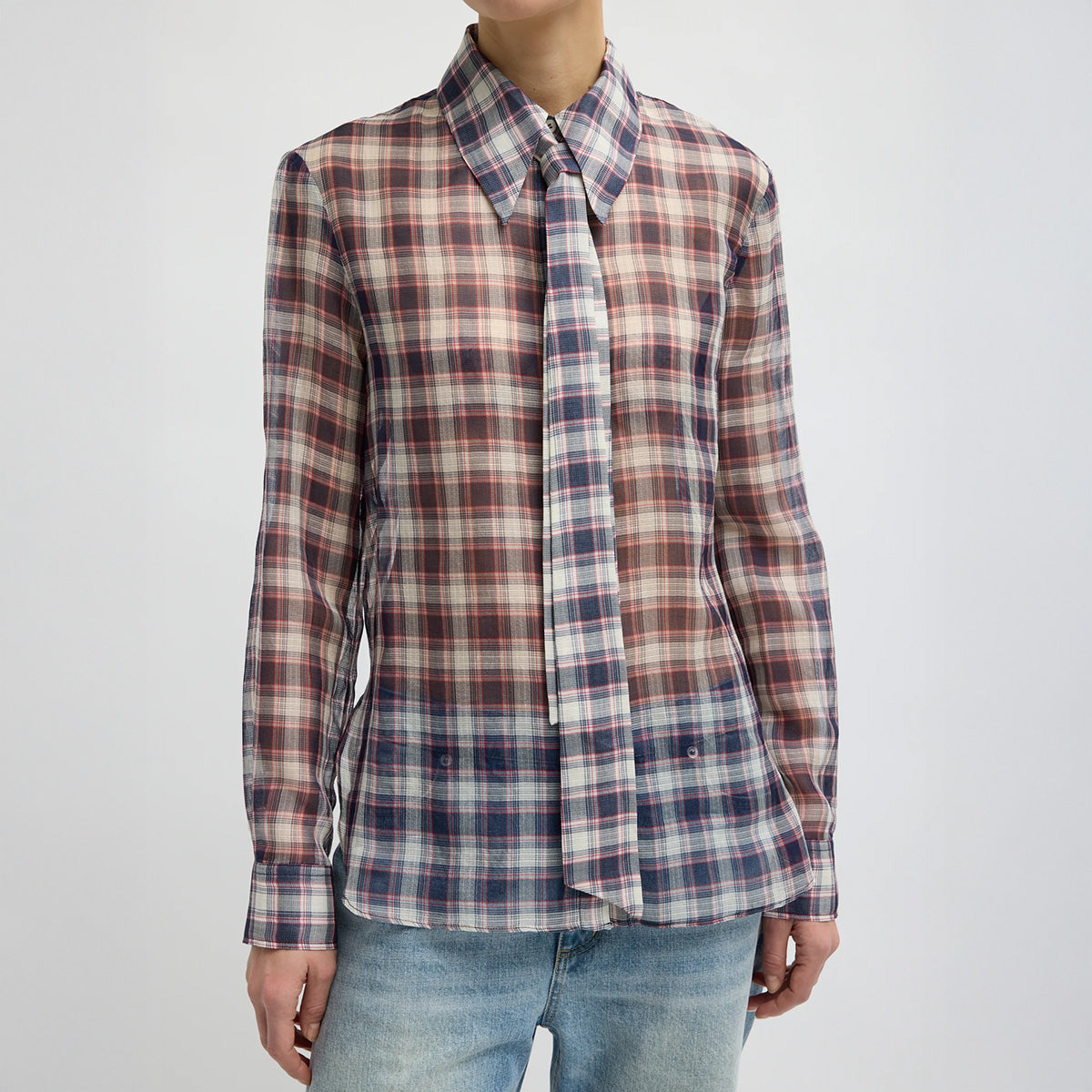 Silk Cotton Plaid Blouse with Removable Tie in Black and Red Multi