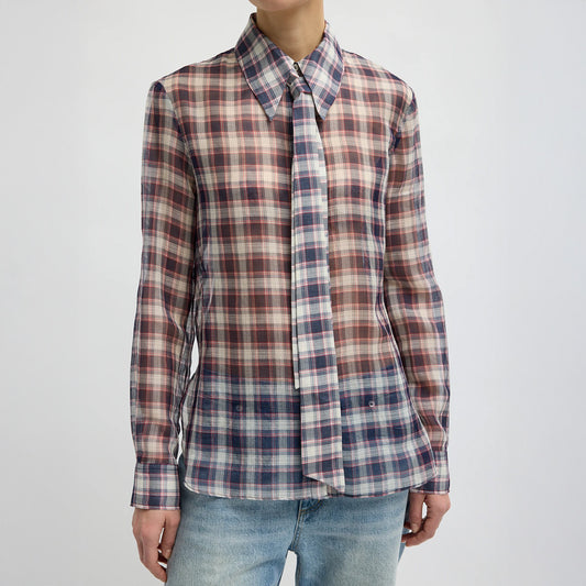 Silk Cotton Plaid Blouse with Removable Tie in Black and Red Multi