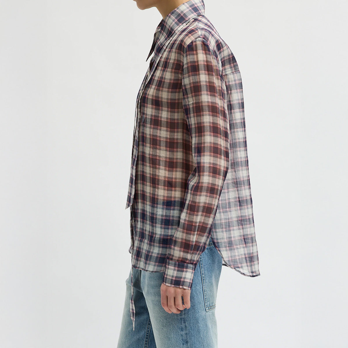 Silk Cotton Plaid Blouse with Removable Tie in Black and Red Multi